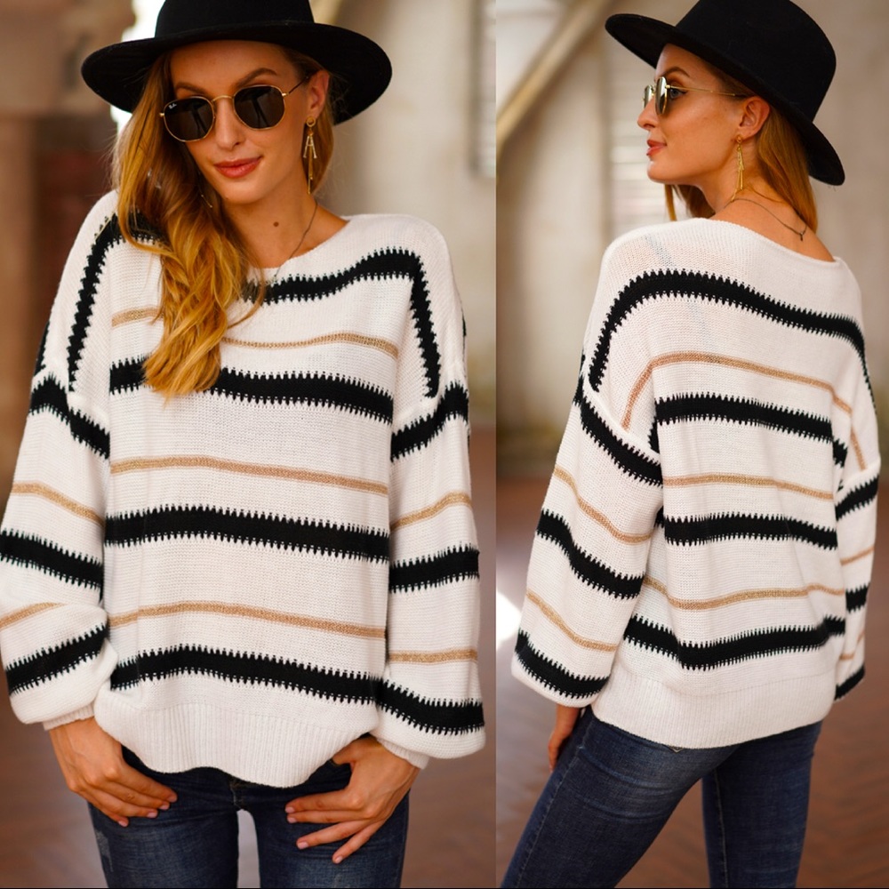 🍁🆕White Striped Loose Fit Sweater